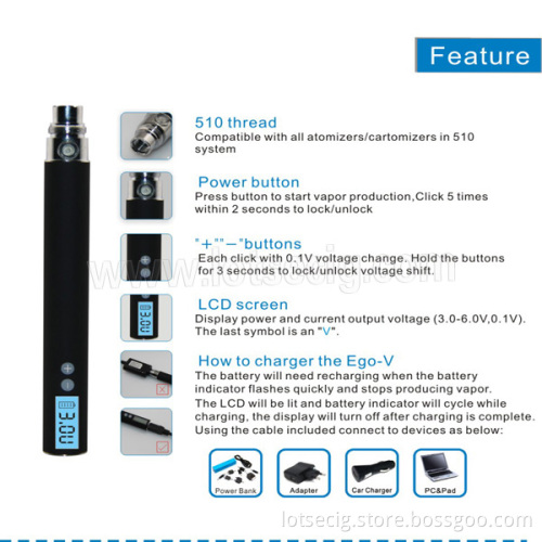 EGO V Electronic Cigarette 3.0-6.0V Variable Voltage Battery with LCD Screen